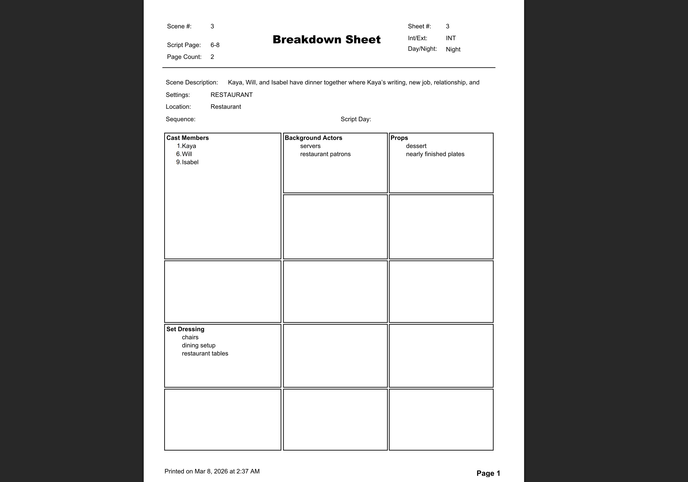 Script breakdown sheet used to prepare a drama pilot film budget