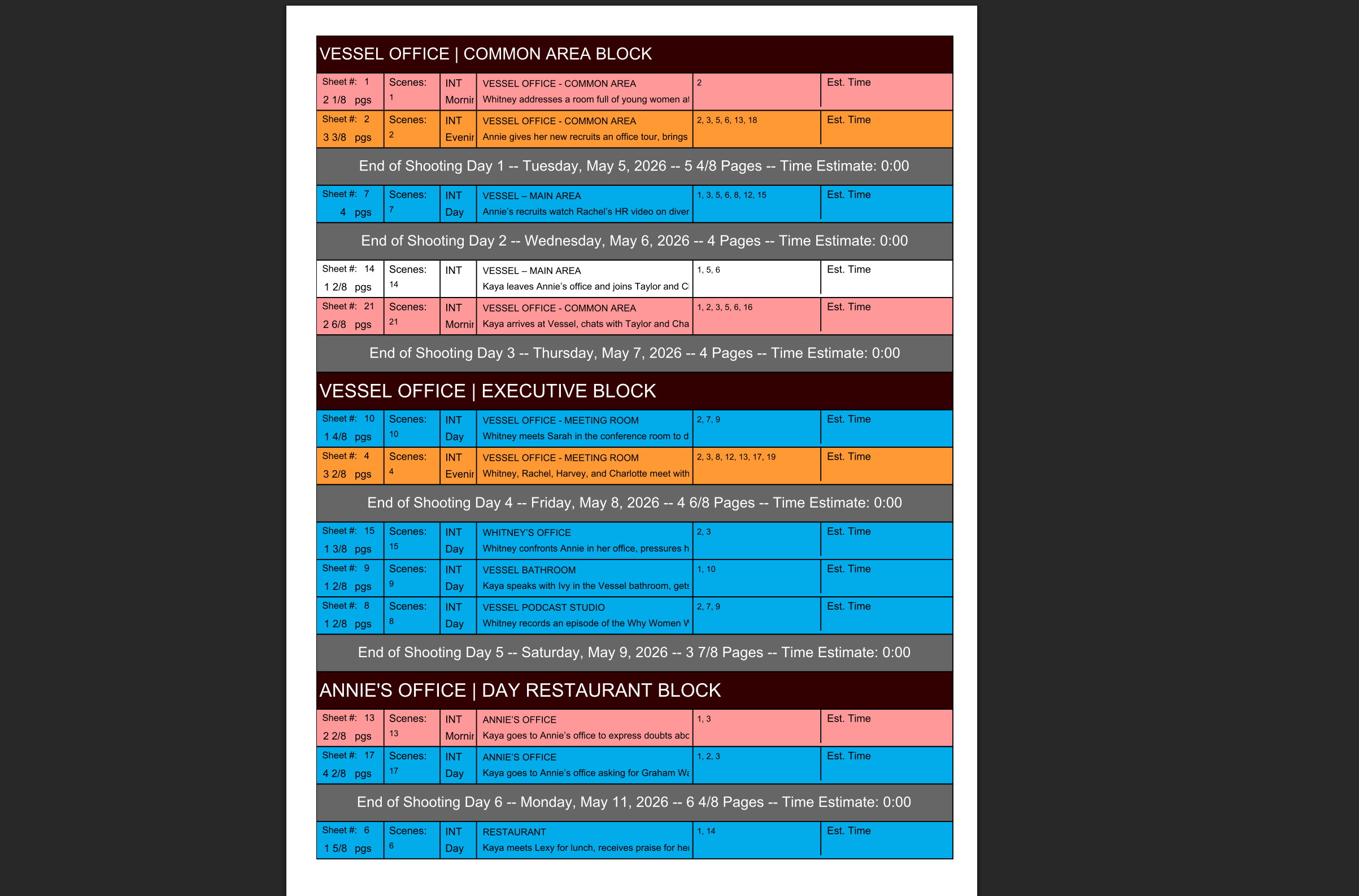 Eleven-day preliminary shooting schedule for a drama pilot
