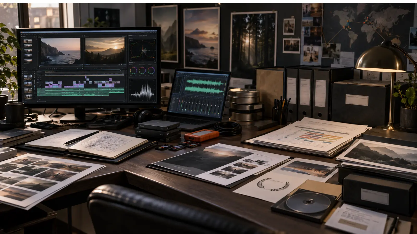 Film production planning workflow showing development, budgeting, scheduling, post-production and distribution materials on a production desk