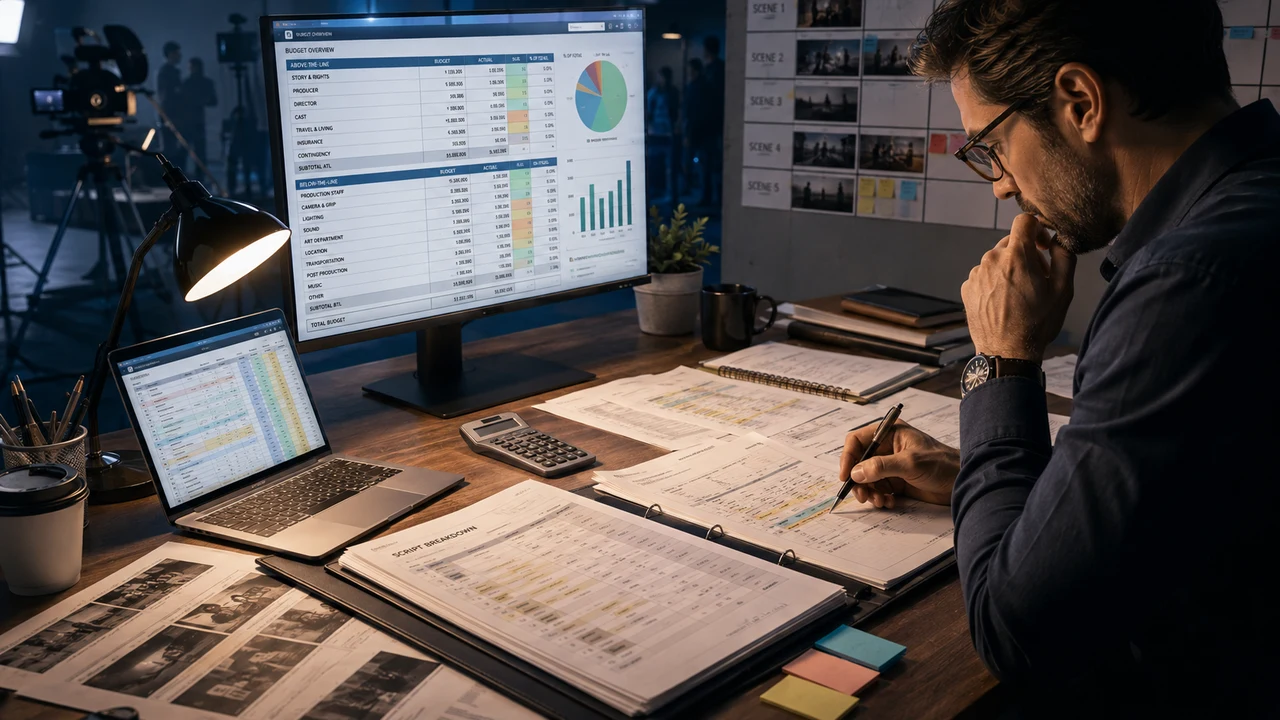 Film production budgeting workstation with budget spreadsheet and production paperwork