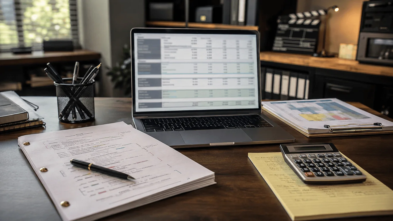 Producer reviewing a professional film budget top sheet and category totals