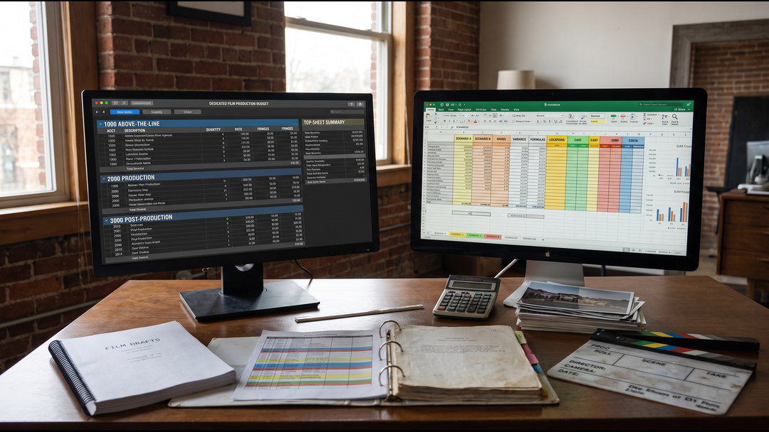 Film producer comparing Movie Magic Budgeting and an Excel film budget on two production office screens