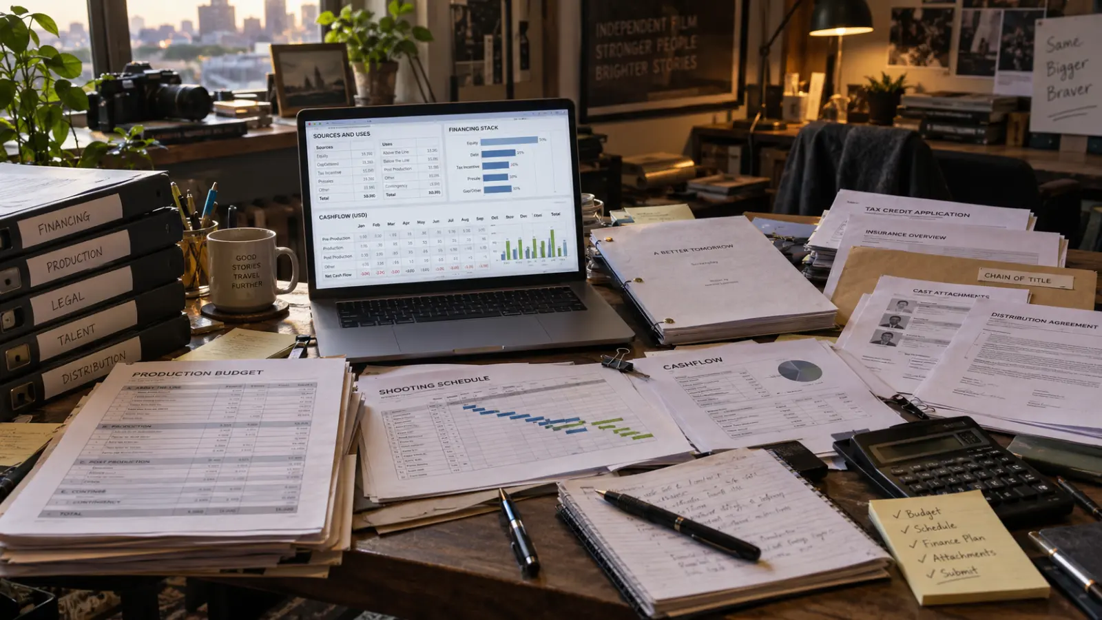 Film finance application package with budget, schedule, finance plan, cashflow and supporting production documents