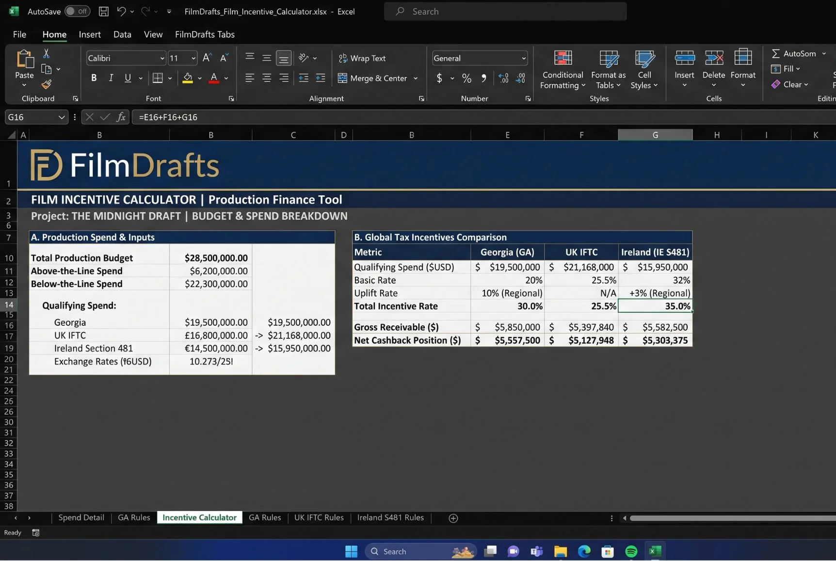 Film Incentive Comparison Calculator Excel template displaying comparative rebate tables and value charts side-by-side
