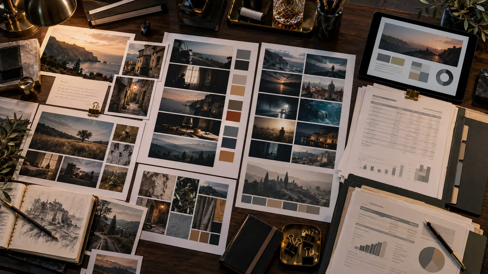 Film pitch deck planning desk with investor presentation slides, lookbook boards, budget pages and financing notes