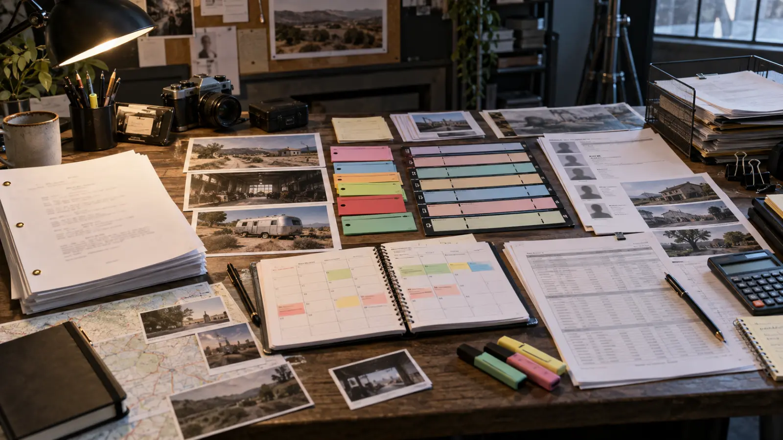 Post-production and distribution workflow with editing timeline, sound mix notes, delivery drives and release planning materials