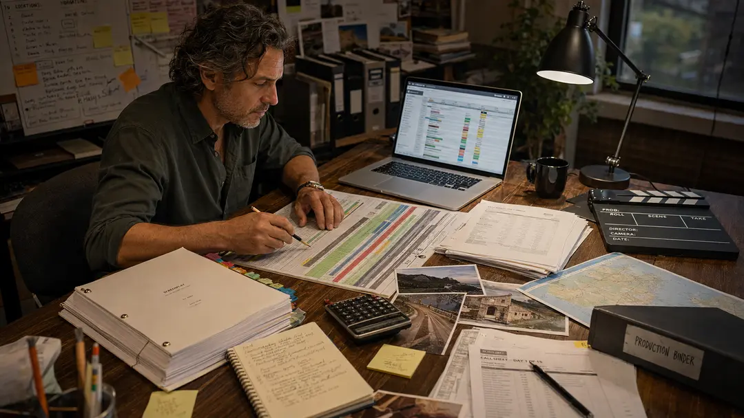 Film producer reviewing a pre-production schedule, script breakdown, budget notes, and location planning materials