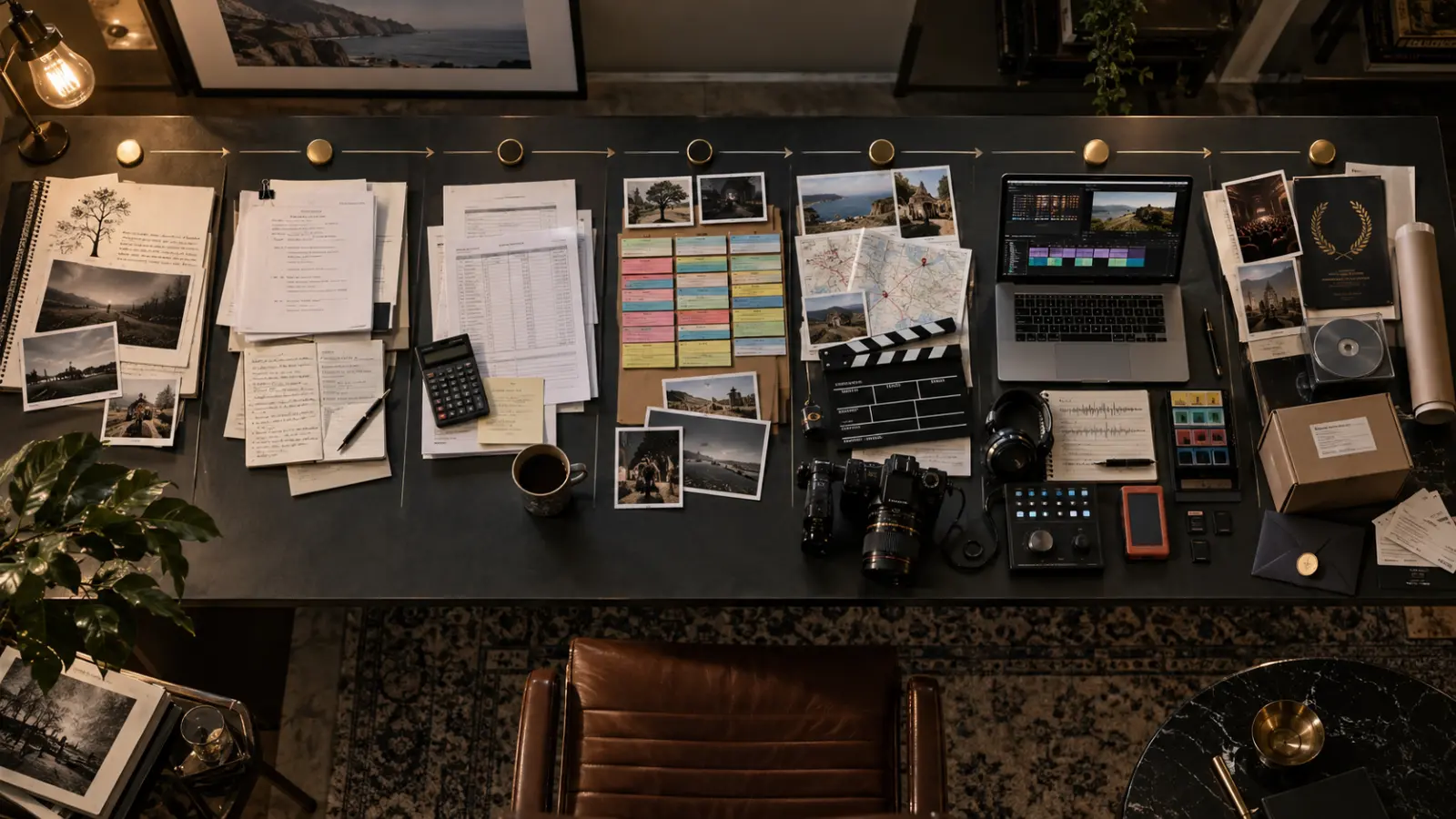 Pre-production workflow board with screenplay breakdown, schedule strips, location planning and budget notes