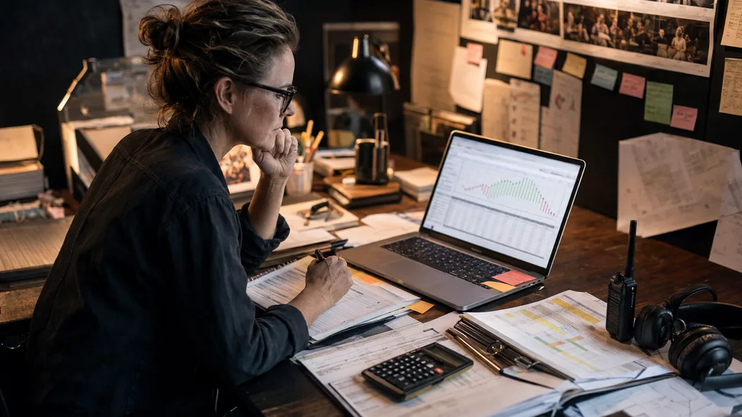 Film producer reviewing a production cash flow schedule beside a film budget and shooting plan