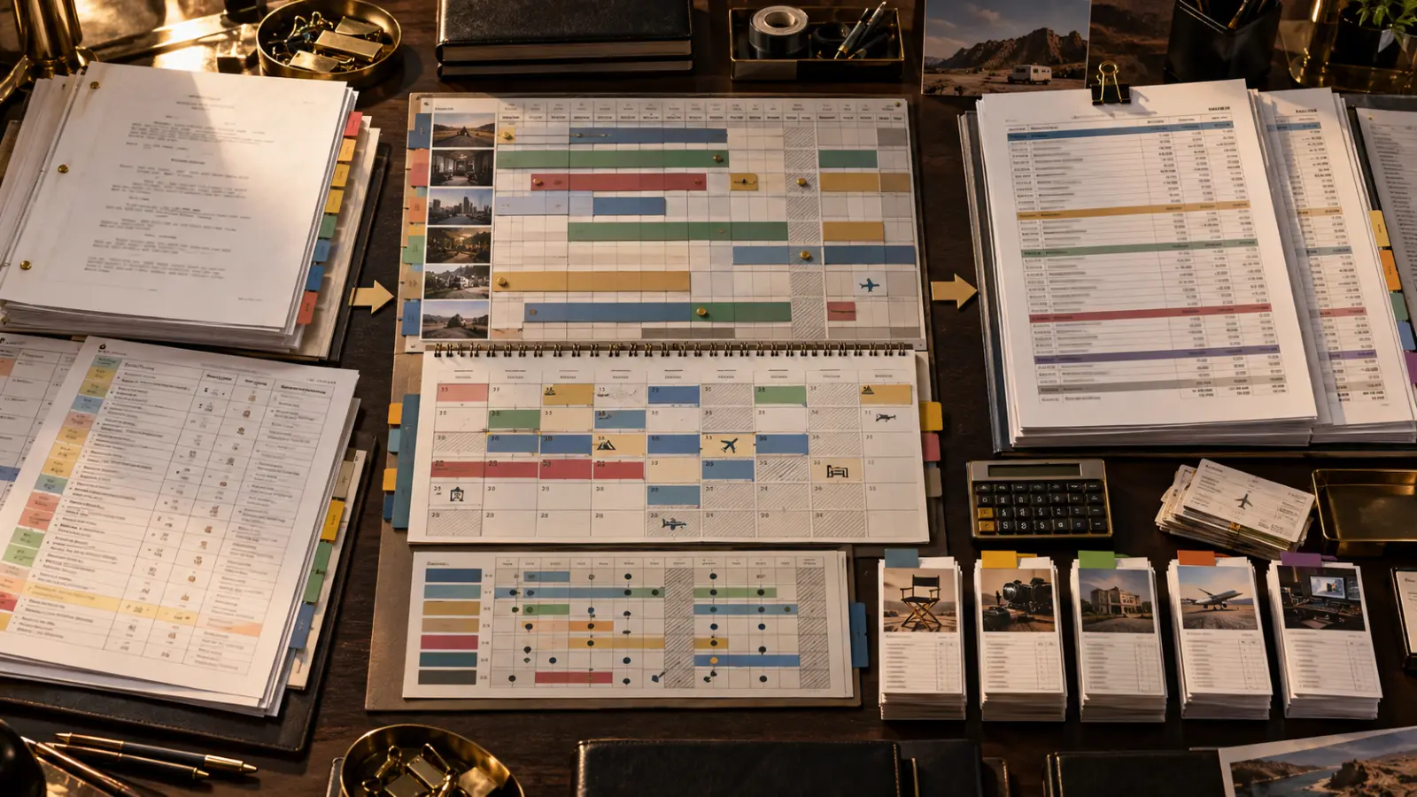 Film production schedule and budget workflow showing screenplay, shooting schedule, day out of days and production budget documents