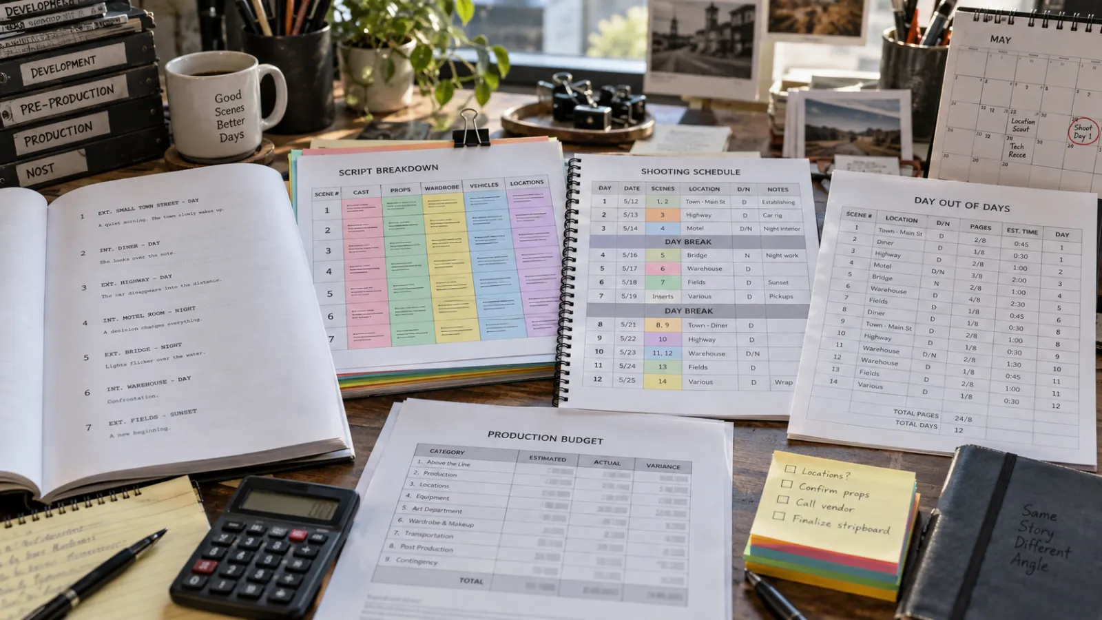 Decision workflow comparing DIY film scheduling software with professional done-for-you production planning, shown as documents and workstations without people
