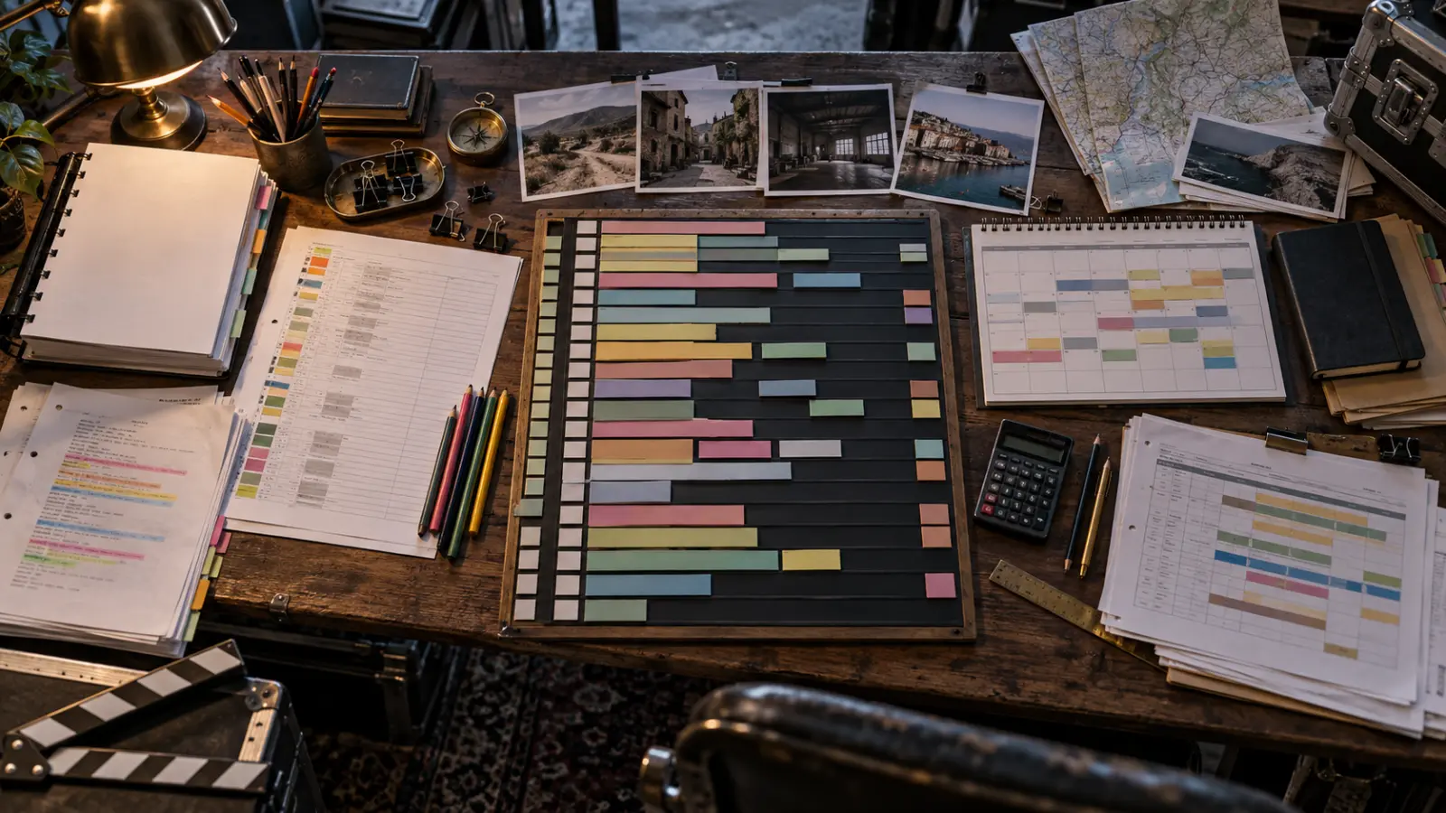 Film stripboard scheduling workflow with color-coded scene strips grouped by location, cast and shooting day