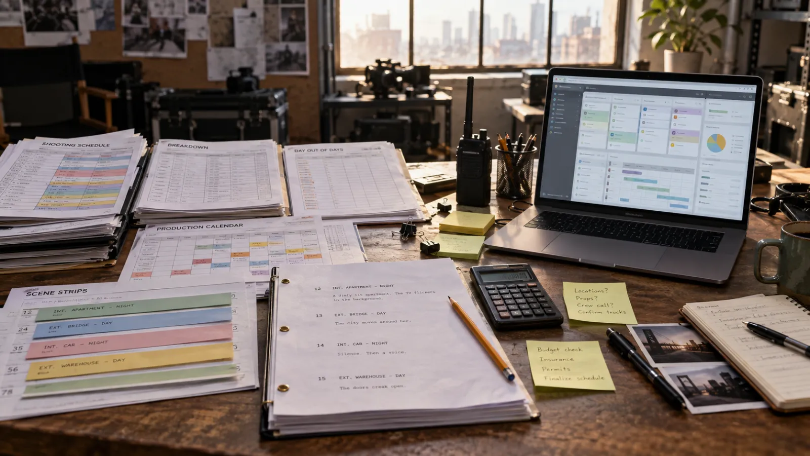 Independent film budgeting desk with anonymized budget rows, shooting schedule, screenplay breakdown and calculator, no people