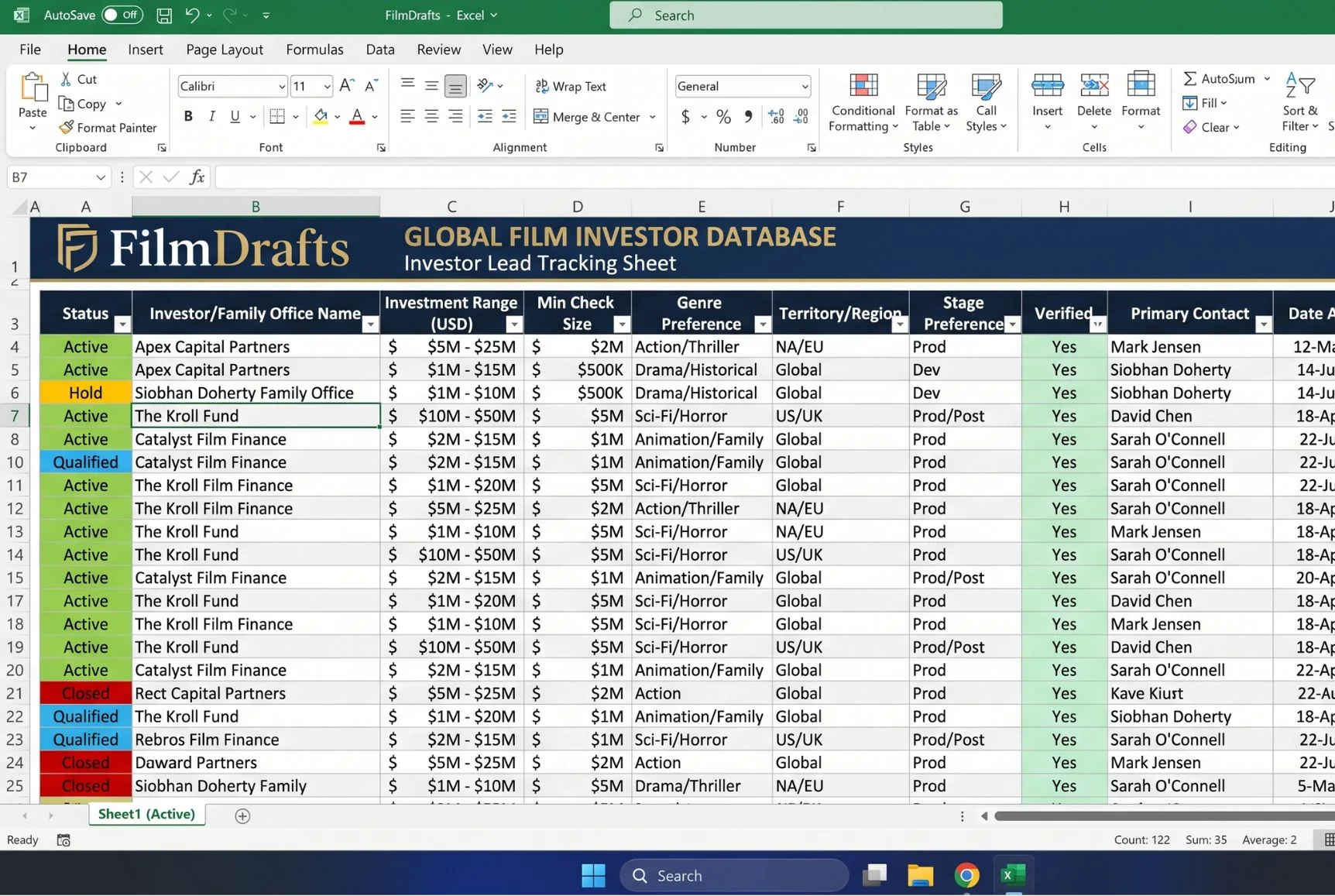 Global Film Investor Database Excel template screenshot showing rows and columns of verified lead investor profiles