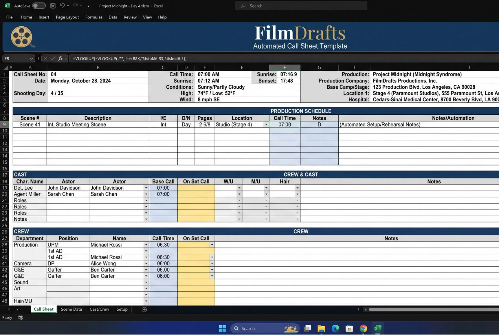 Hollywood Standard Call Sheets document mockup containing production shoot day details and casting calls