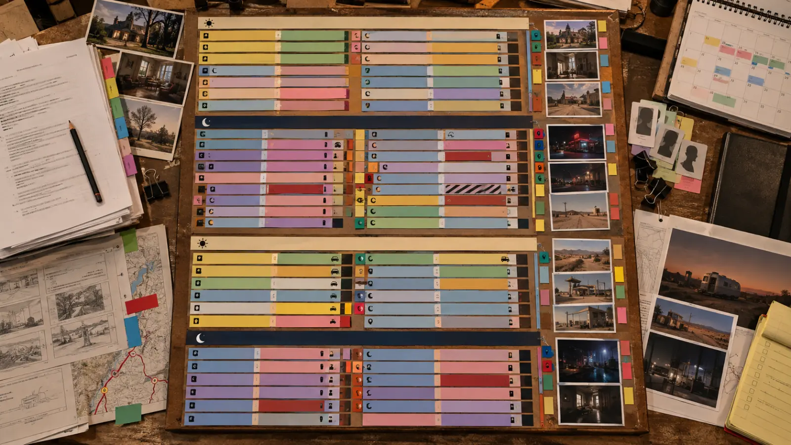 Film production scheduling workspace with screenplay breakdown sheets, stripboard cards, production calendar and scheduling notes