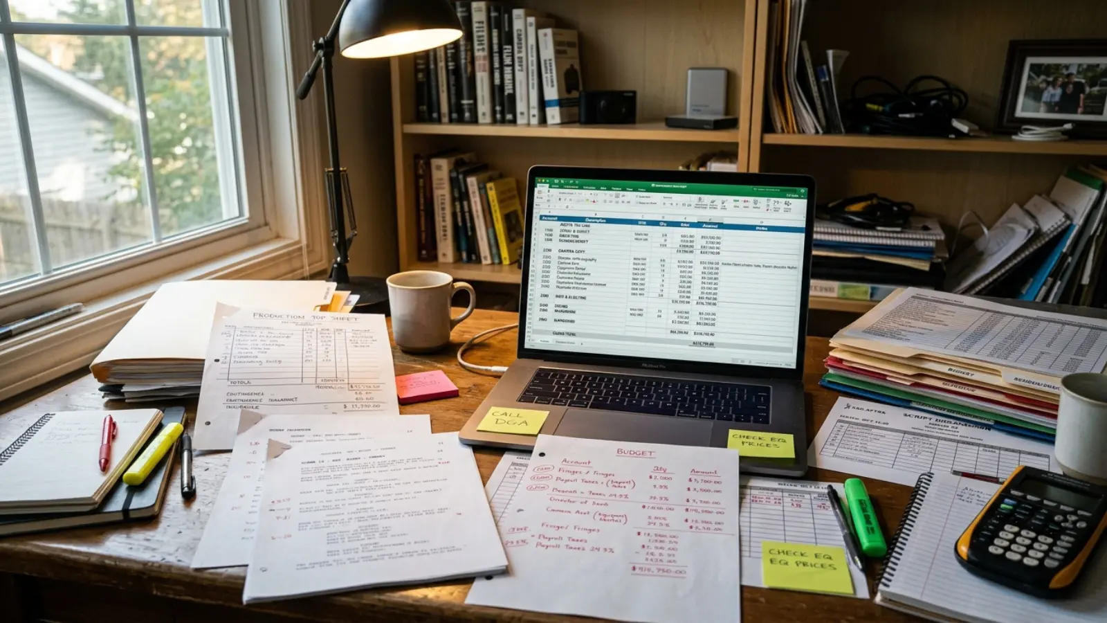Detailed film budget, script breakdown and shooting schedule documents on a filmmaker workspace