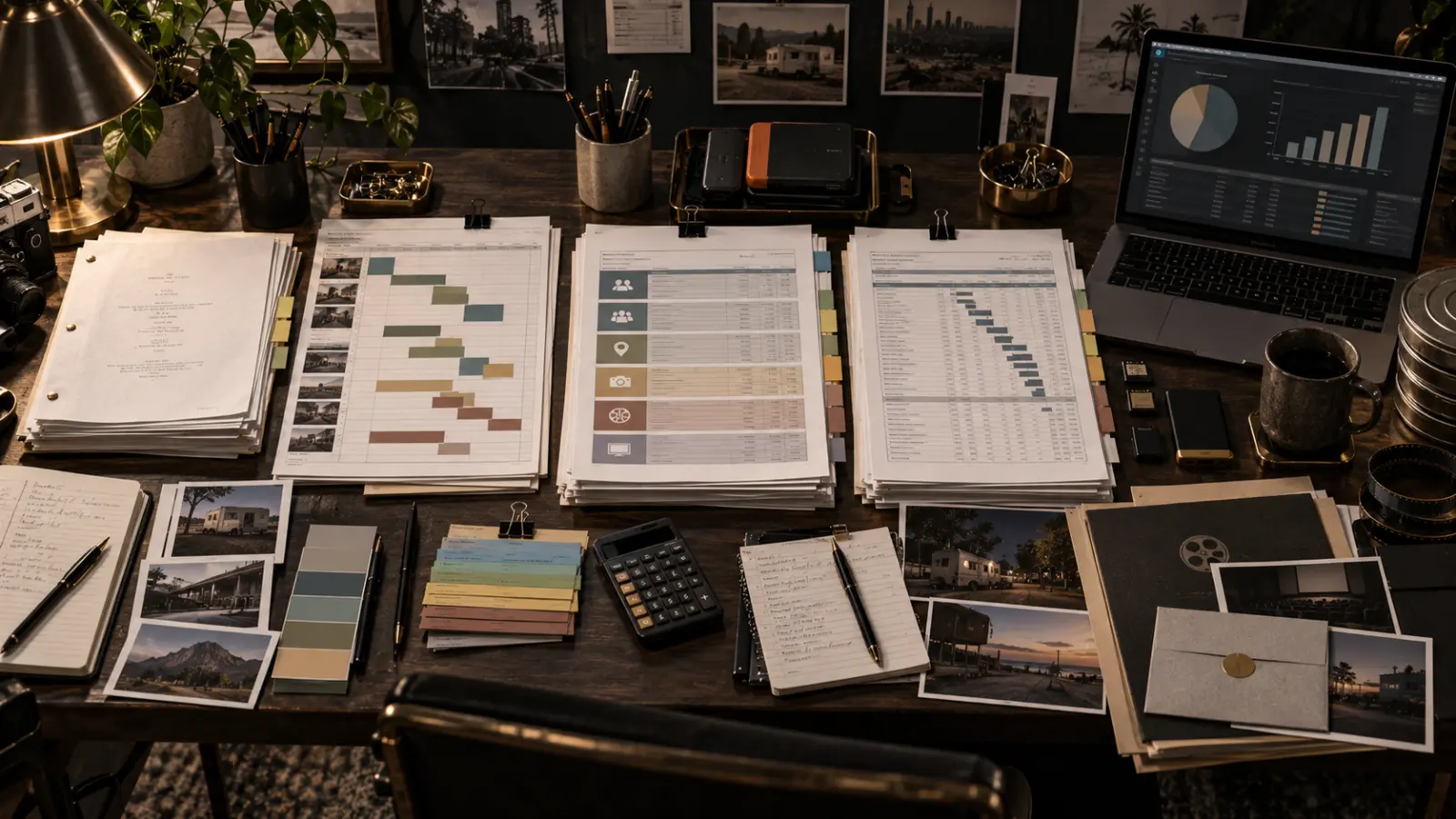 Independent film budget breakdown workspace with top-sheet cost groups, schedule planning, post-production notes and delivery materials