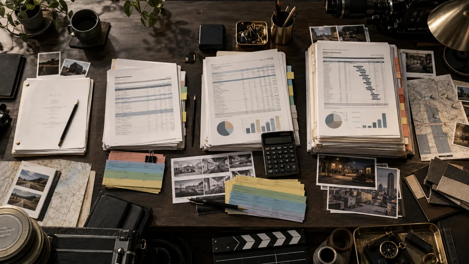 Independent film budgeting desk showing screenplay pages, cost worksheets, schedule strips and production-level planning materials