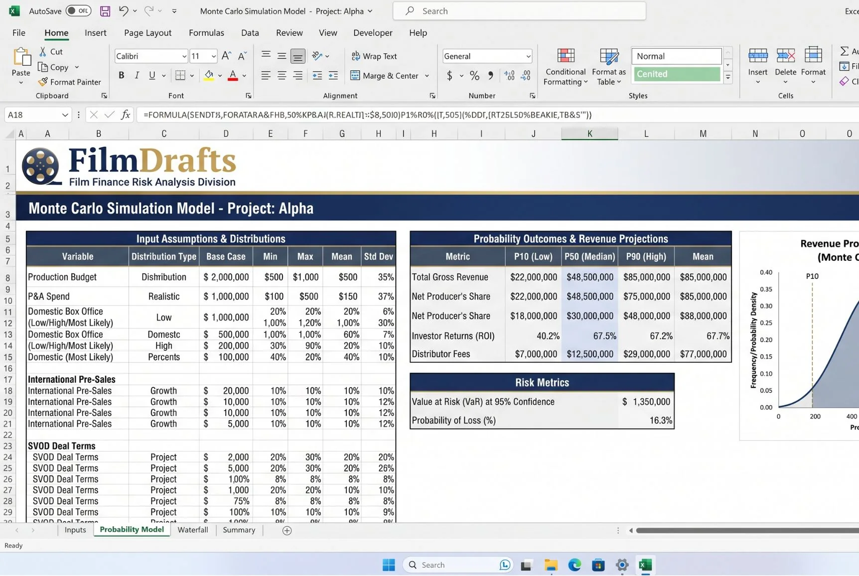 Monte Carlo probability model spreadsheet with dynamic distribution curve graphics and capital risk charts