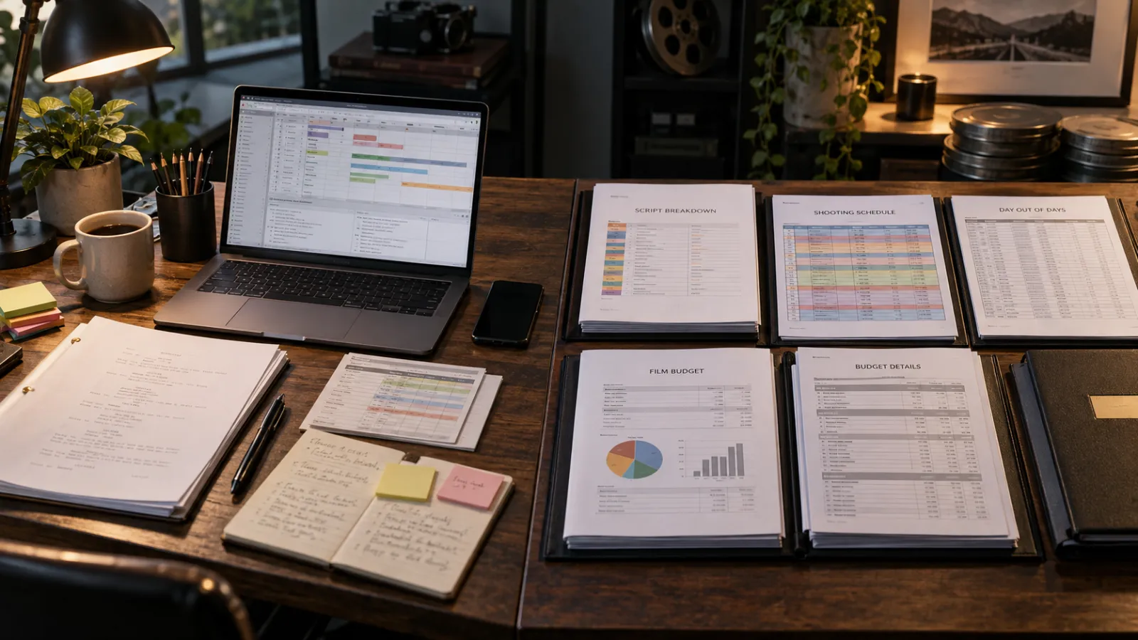 Film production planning desk comparing a stripboard shooting schedule with an AI-assisted pre-production workflow