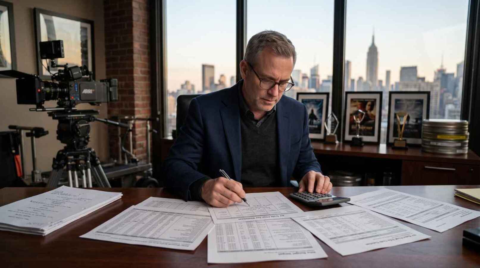 film producer reviewing a New York production budget and tax incentive worksheet with a New York skyline in the background