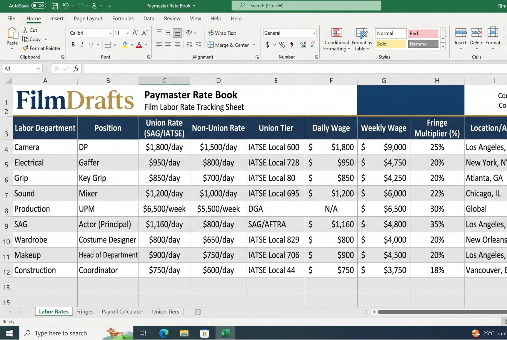 Paymaster Labor Rate Book Excel spreadsheet database summarizing union and non-union wages and multiplier tiers