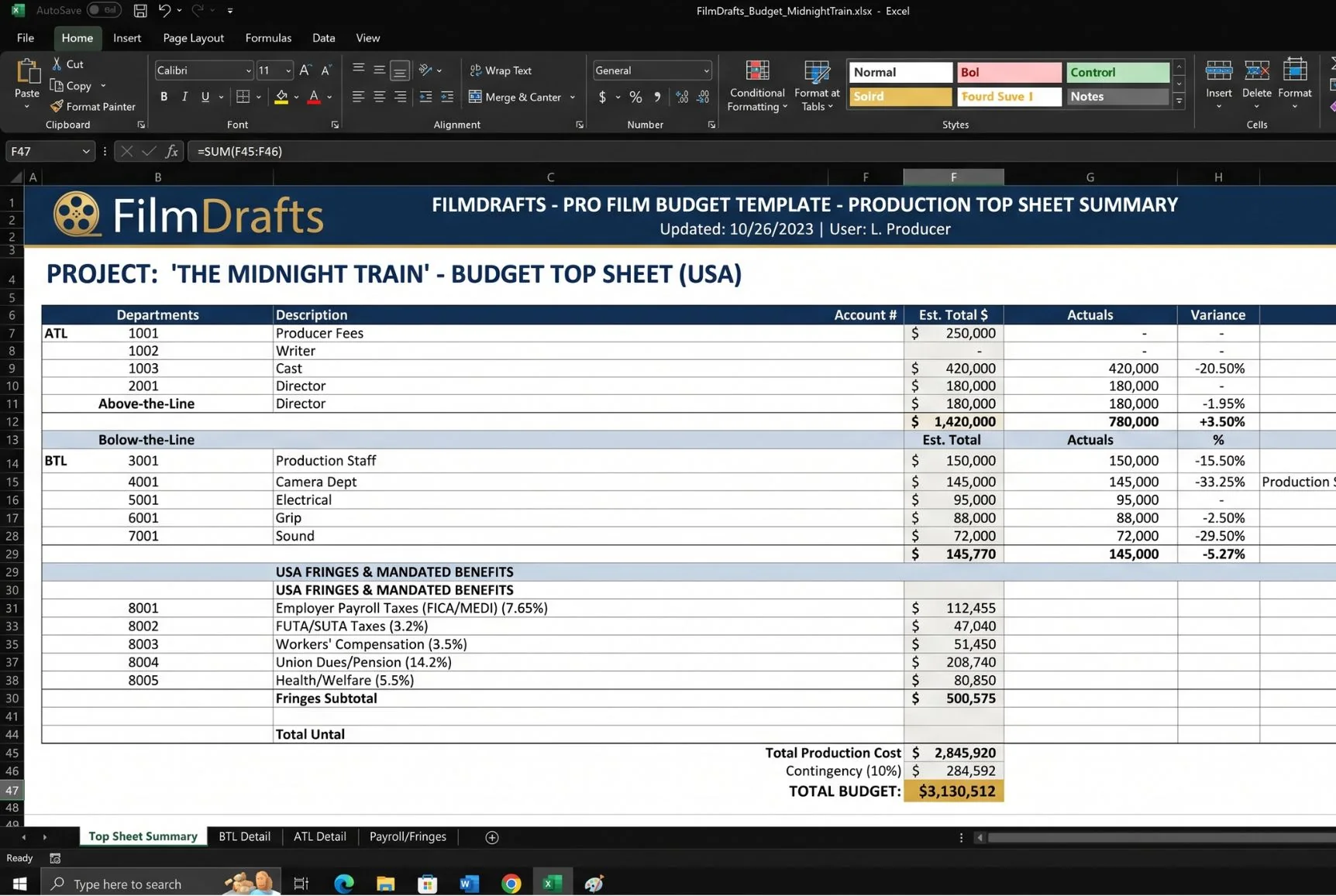 Pro Film Budget Template Excel spreadsheet showing itemized production department topsheet summary