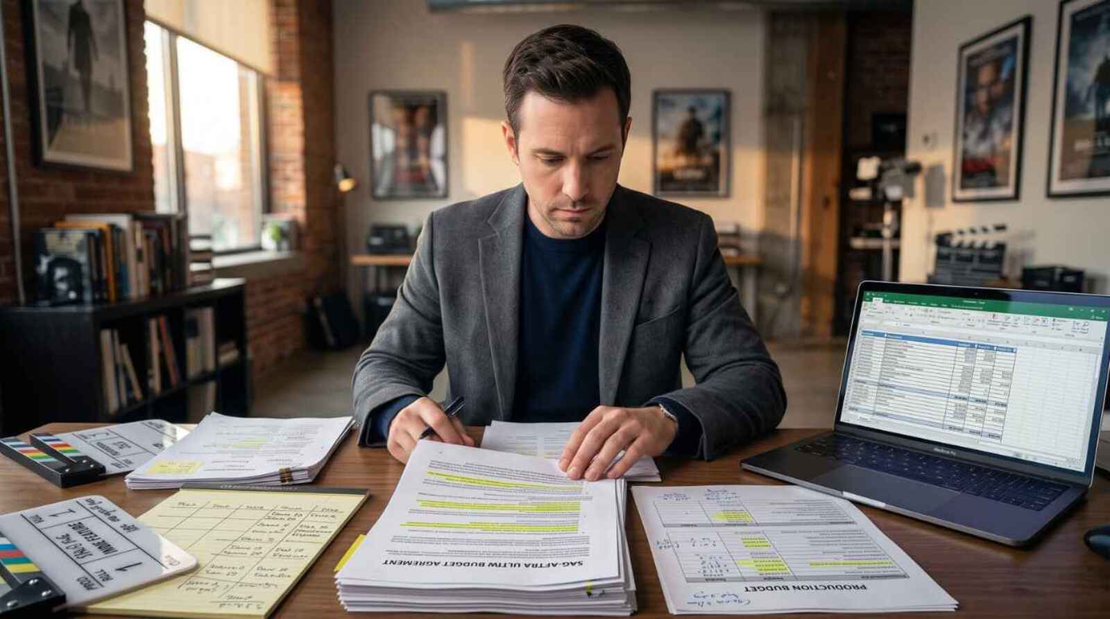 independent film producer reviewing SAG-AFTRA low-budget agreement paperwork and a film budget spreadsheet
