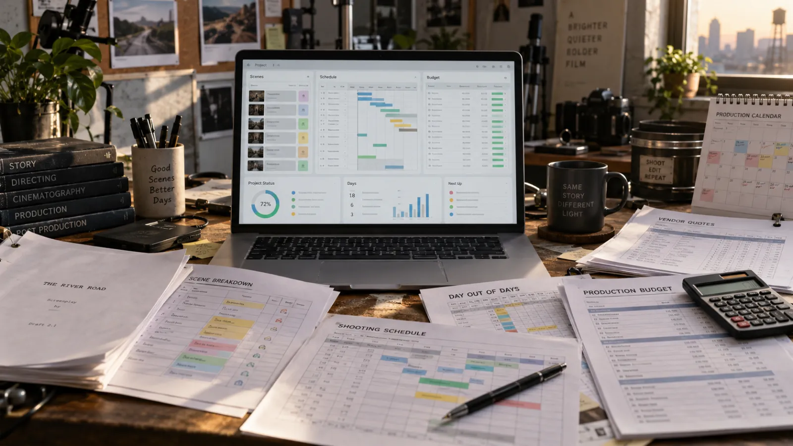 Film pre-production workflow showing screenplay breakdown, stripboard schedule, DOOD report and budget documents without people