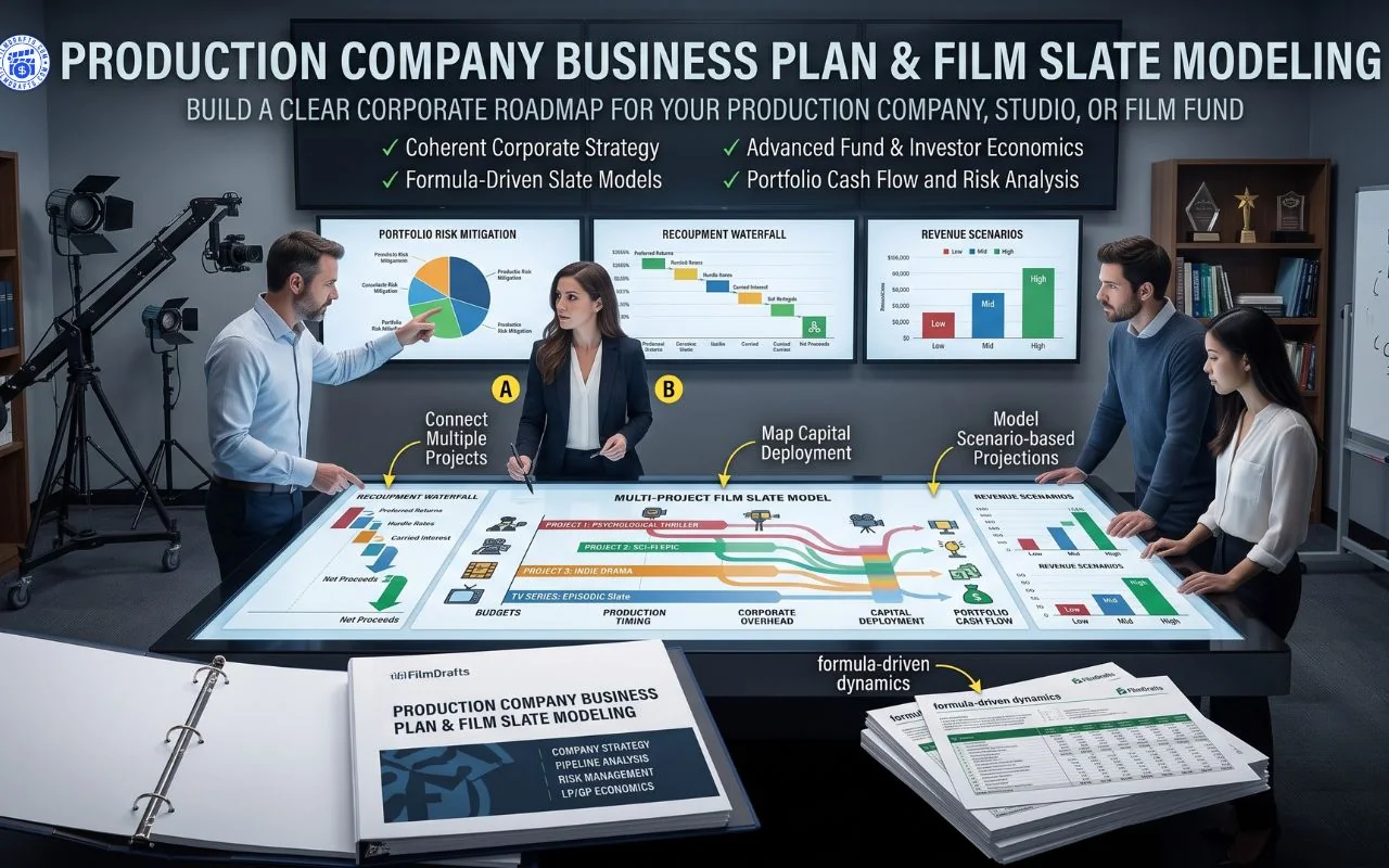 Corporate film slate business plan spreadsheet and multi-project financing portfolio tables