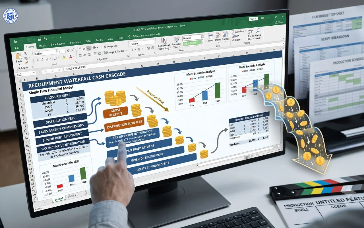 Advanced film financial model with recoupment waterfall simulation graph and investor return schedules