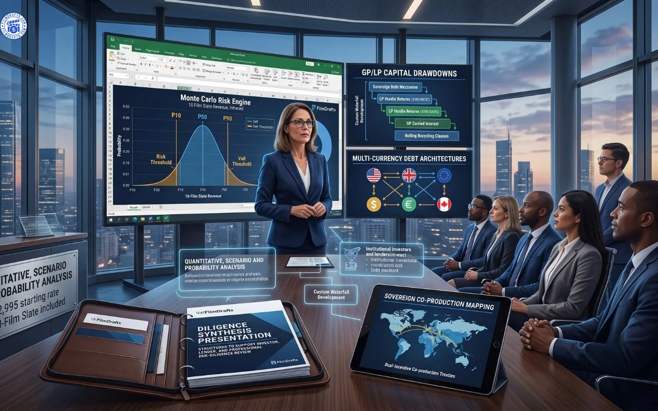 Institutional film finance portfolio dashboard with Monte Carlo probability curves and debt covenant metrics