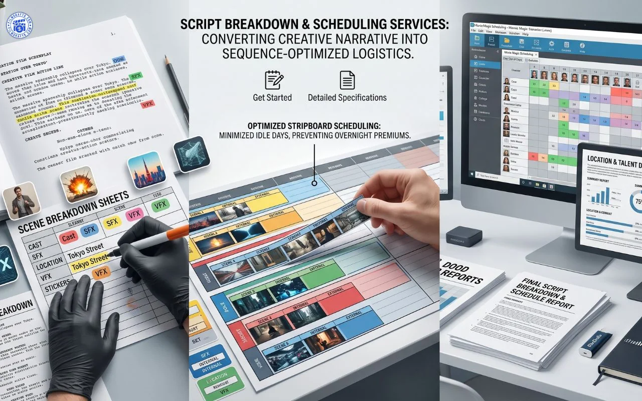 Film script breakdown and Movie Magic Scheduling stripboard with color-coded scene strips and cast lists