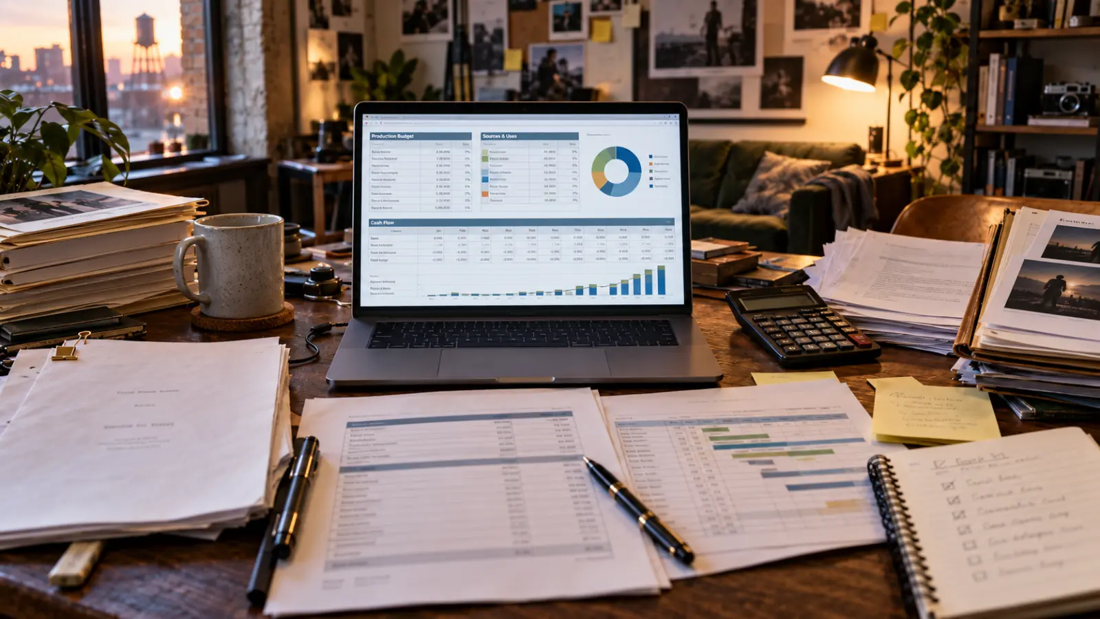 Film finance plan, production budget and lender documents arranged on an independent producer workspace