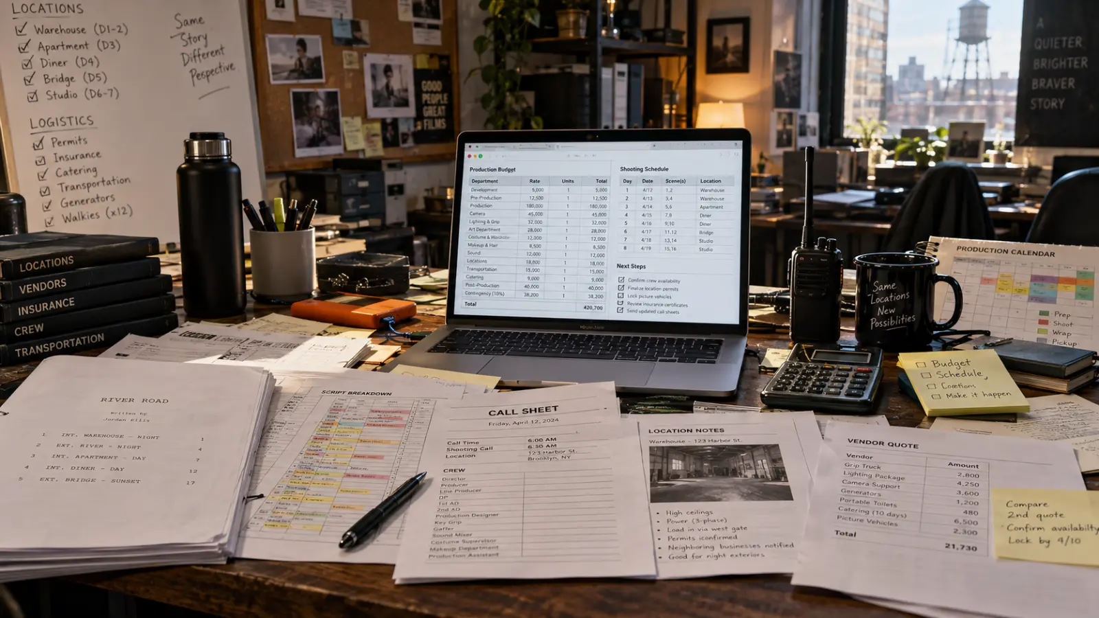 Film production planning desk with screenplay, shooting schedule, detailed budget and call sheet for a line producer