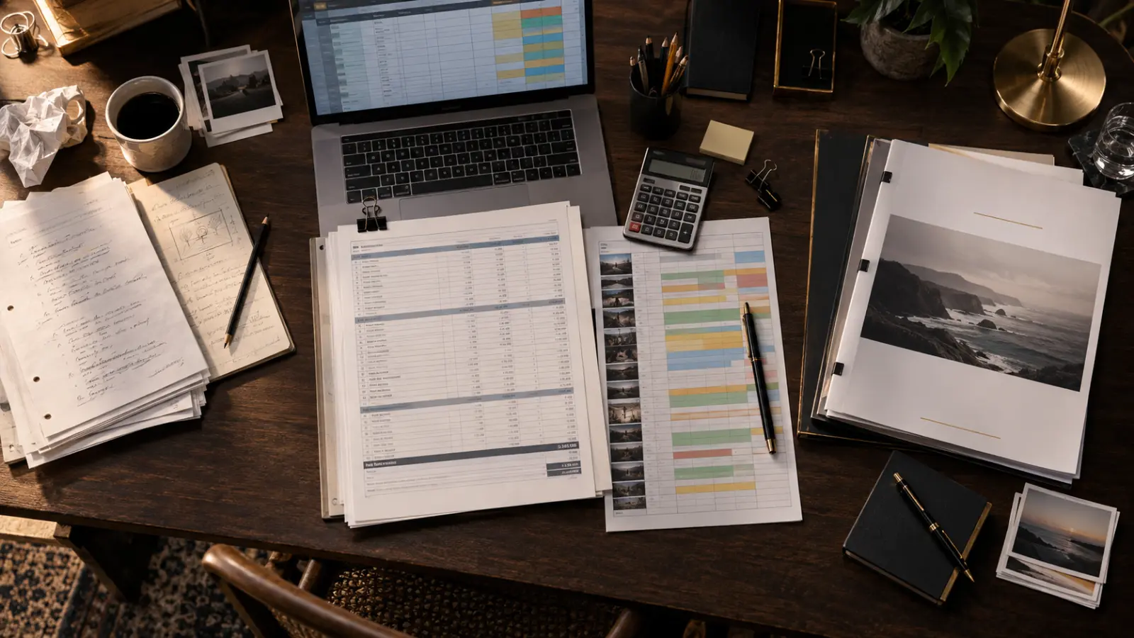 Film budgeting decision workspace with screenplay, production budget, stripboard schedule and professional planning documents